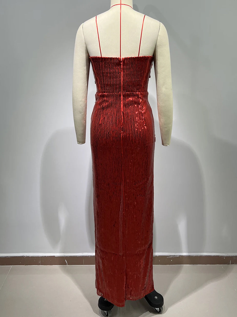 Strapless 3D Floral Rosette Sequin High Slit Maxi Dress