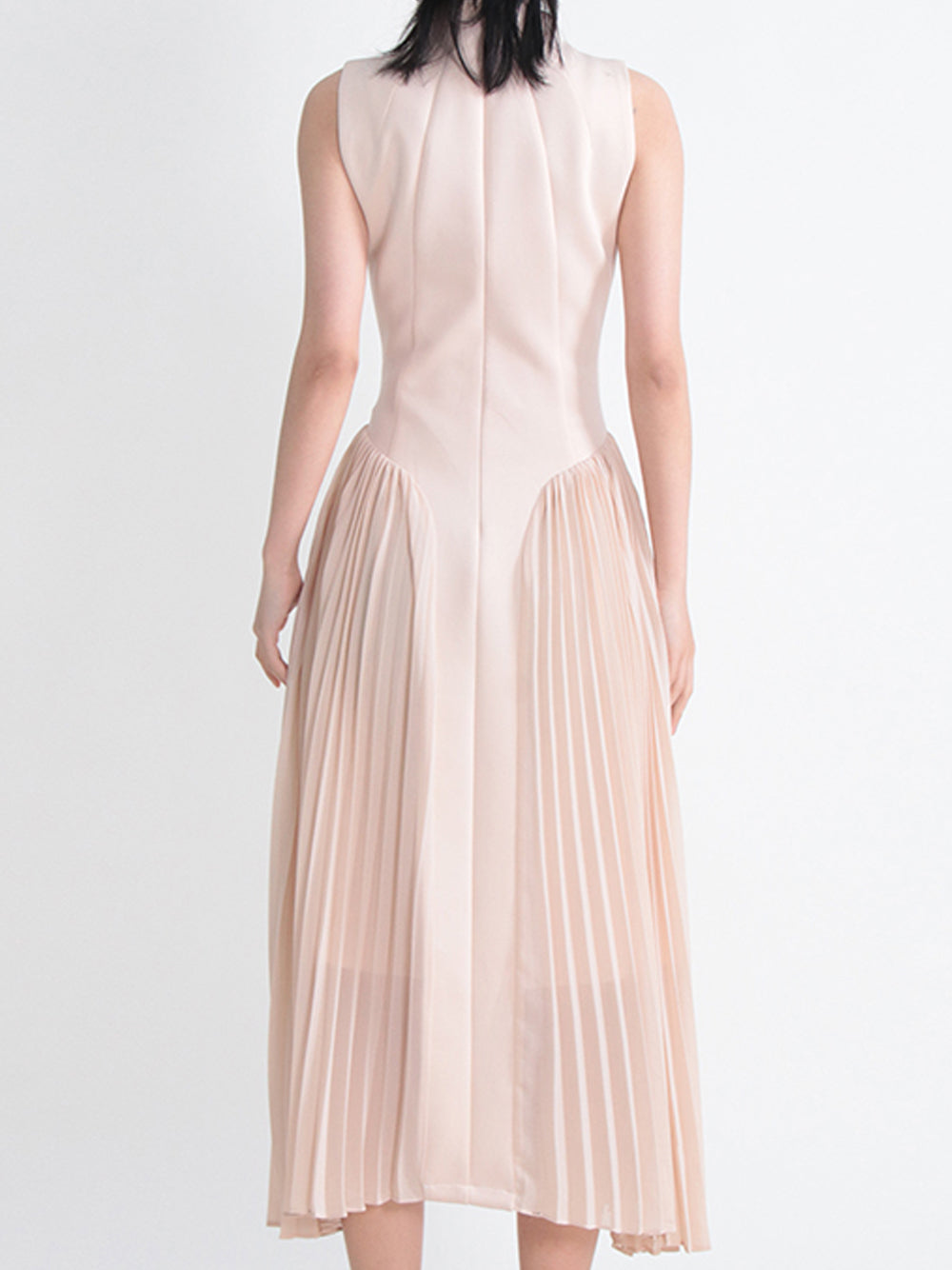 Mock Neck Grid Seam Bodice Dropped Point Waist Accordion Pleat Midi Dress