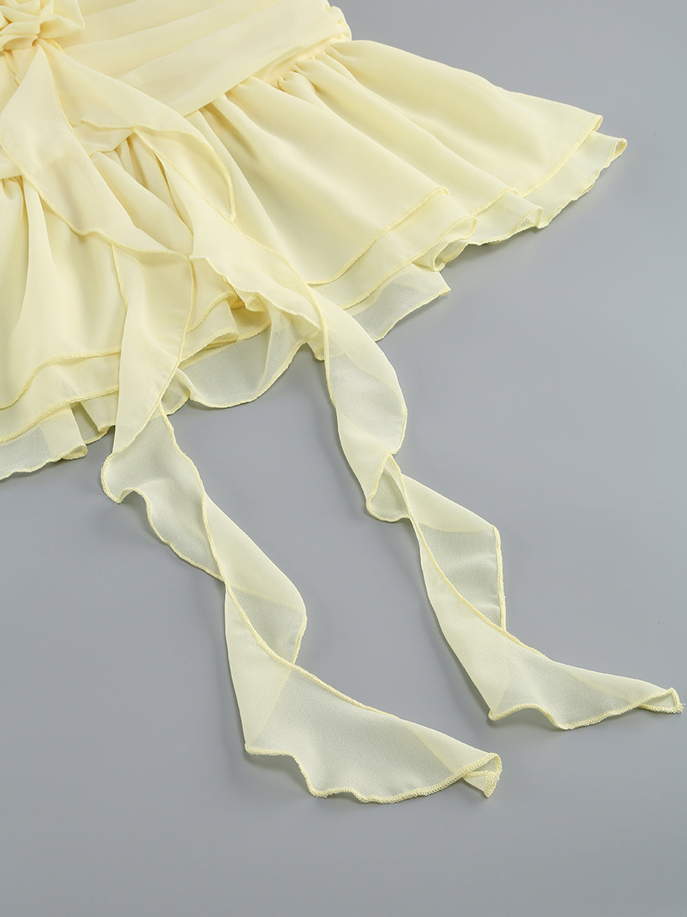 Halter Neck Ruffle Trim 3D Rosette Waist Tiered Flare Mini Dress