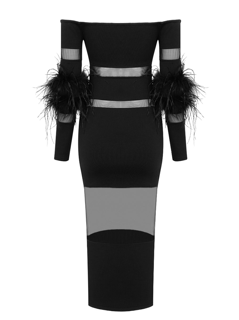 Off Shoulder Feather Trim Sheer Mesh Panel Bodycon Maxi Dress