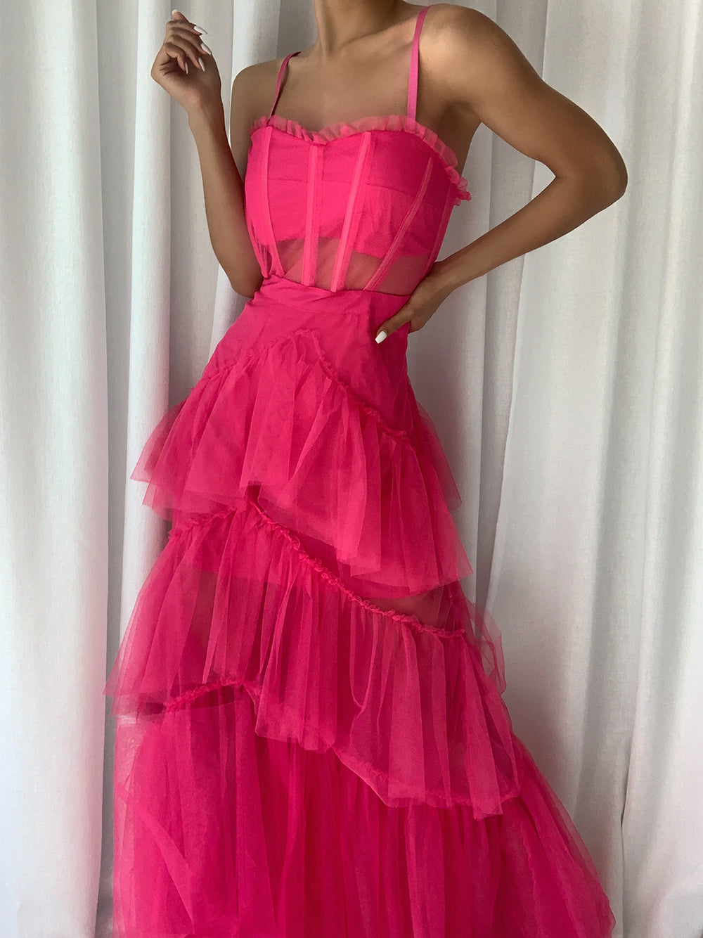 Spaghetti Strap Corset Sweetheart Ruffle Trim Tiered Tulle Maxi Dress