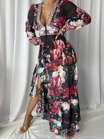 Deep V Neck Empire Waist Border Trim Button Tiered Floral Maxi Dress