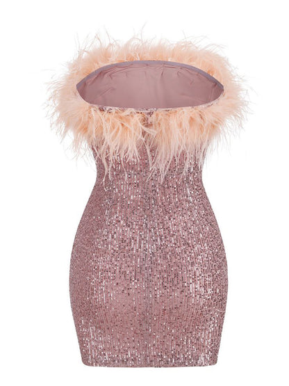 Strapless Feather Trim Sequin Bodycon Mini Dress