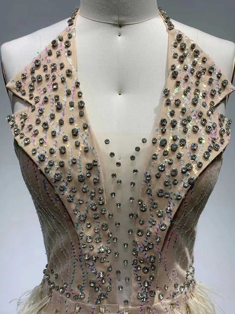 Halter Deep V Rhinestone Lapel Feather Skirt Mini Dress
