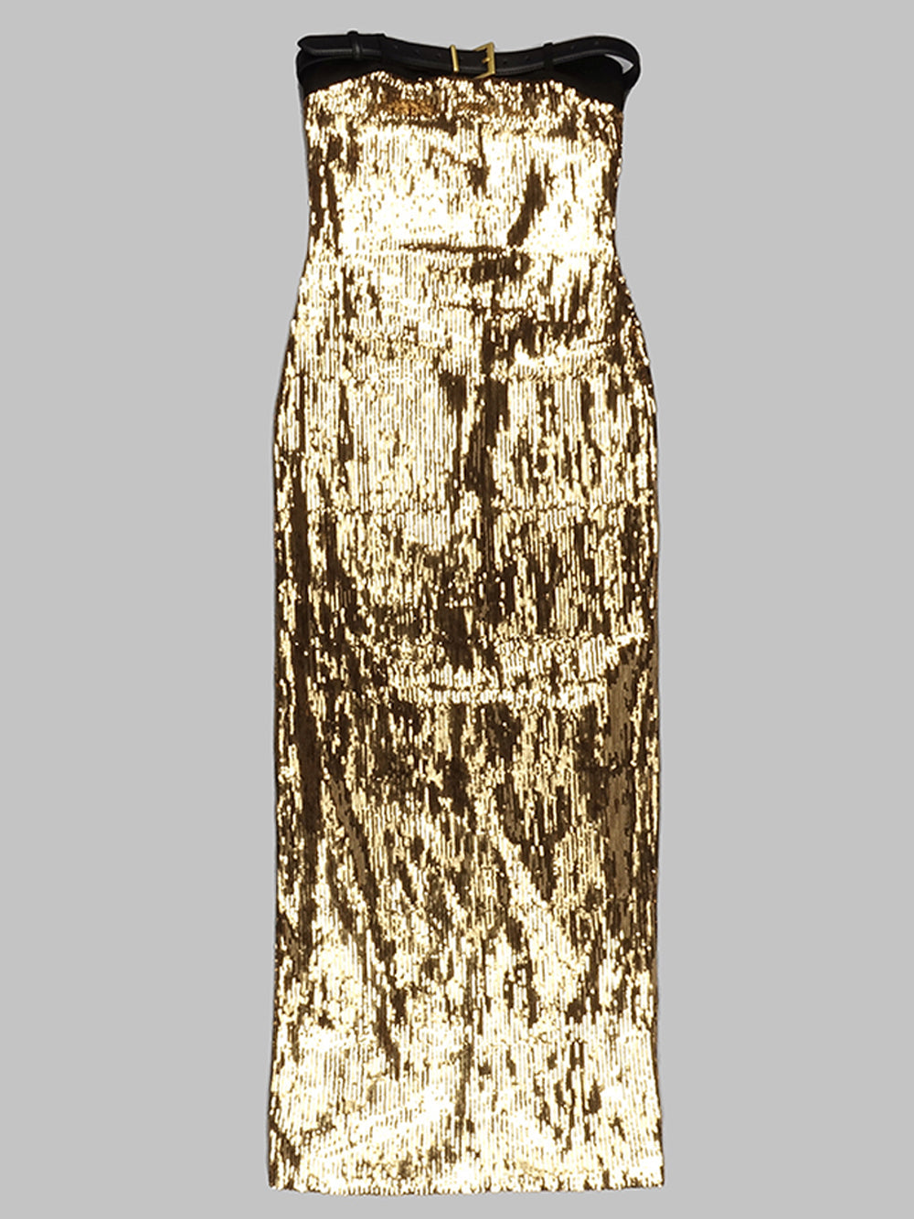 Strapless Buckle Bust Sequin Vertical Stripe Bodycon Midi Dress