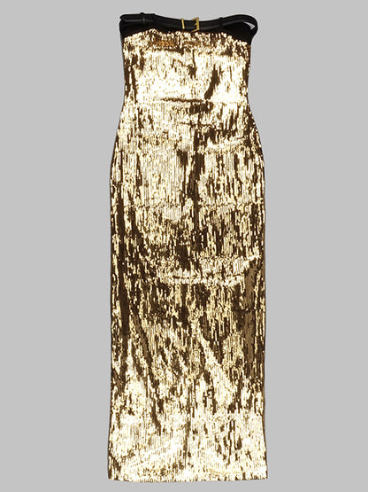 Strapless Buckle Bust Sequin Vertical Stripe Bodycon Midi Dress