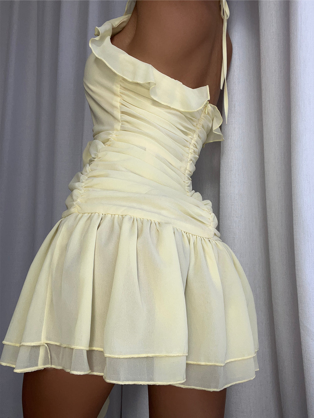 Halter Neck Ruffle Trim 3D Rosette Waist Tiered Flare Mini Dress