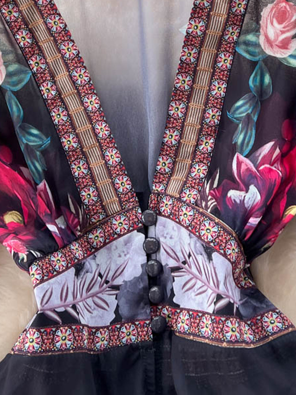 Deep V Neck Empire Waist Border Trim Button Tiered Floral Maxi Dress
