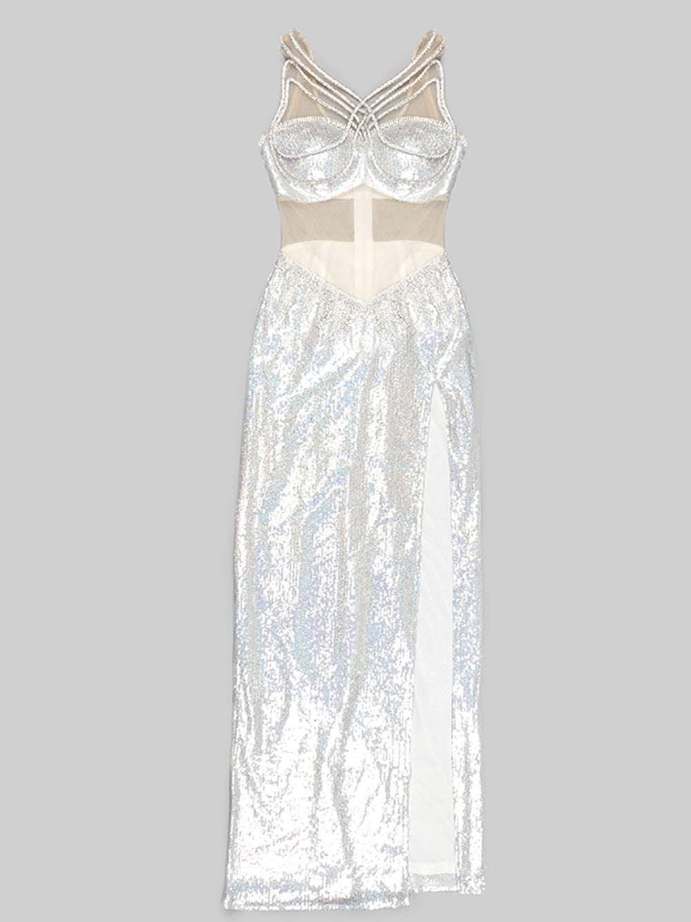 Strappy Sequin Bralette Fringe Waist High Slit Maxi Skirt Set