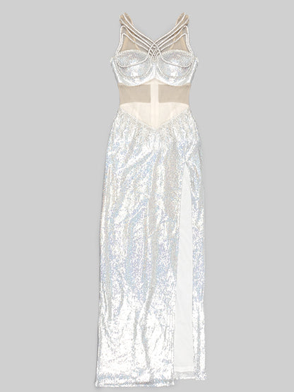 Strappy Sequin Bralette Fringe Waist High Slit Maxi Skirt Set