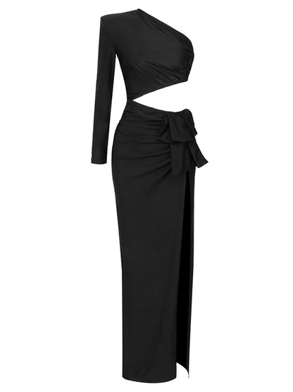 One Shoulder Long Sleeve Asymmetric Crop Wrap Thigh Slit Set