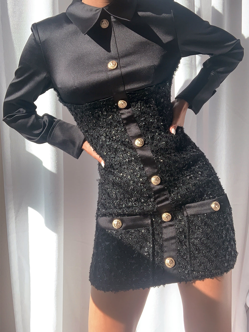 Pointed Collar Tweed Panel Satin Button Front Bodycon Mini Dress