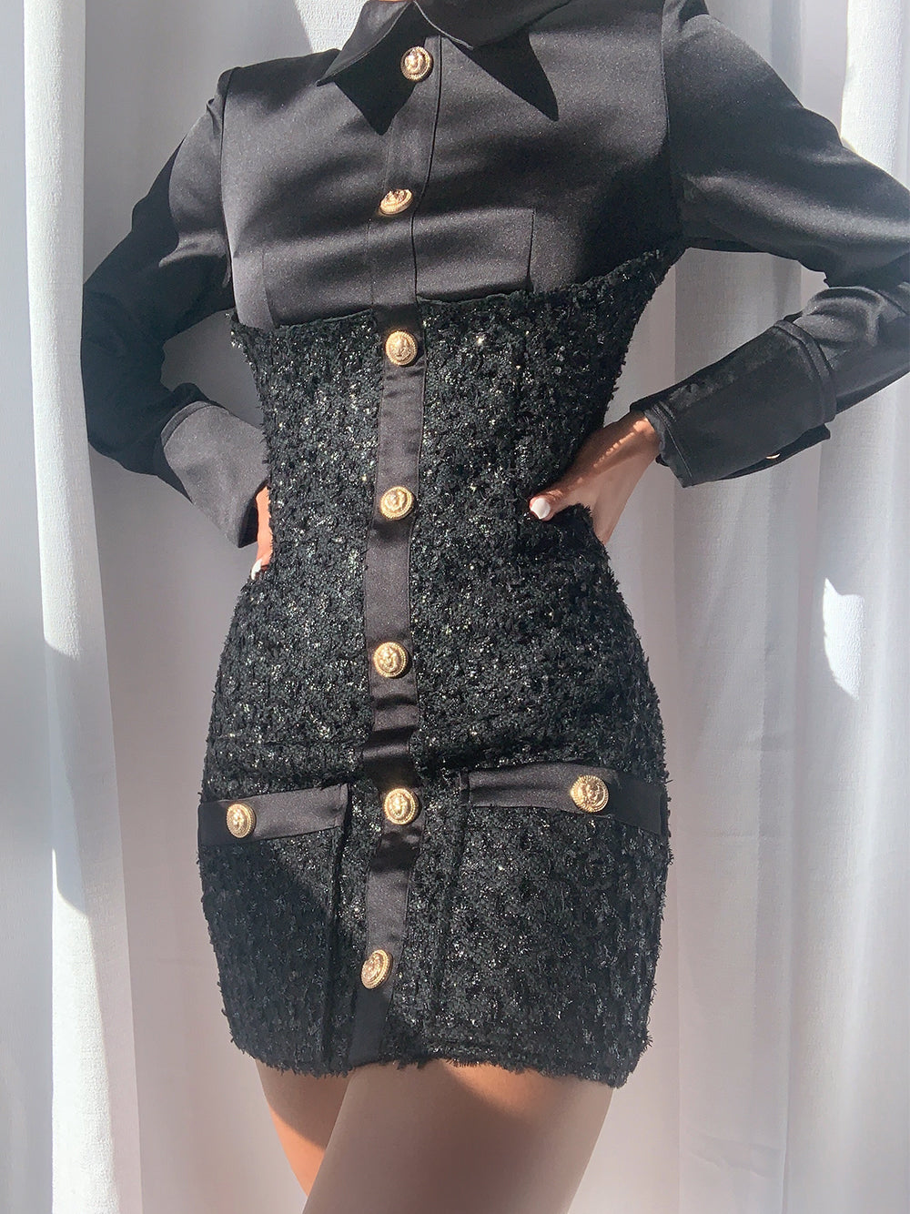 Pointed Collar Tweed Panel Satin Button Front Bodycon Mini Dress