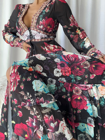 Deep V Neck Empire Waist Border Trim Button Tiered Floral Maxi Dress