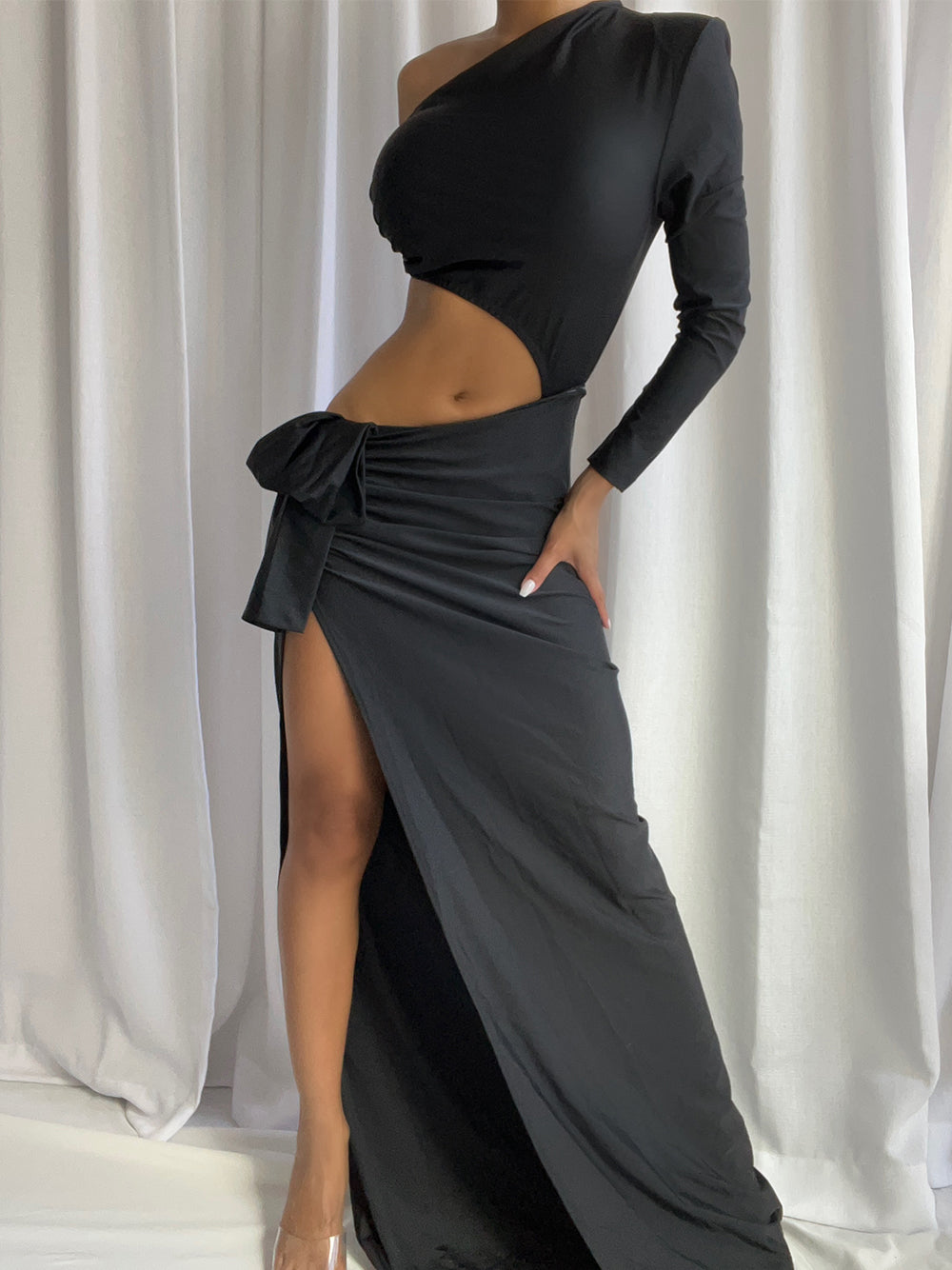 One Shoulder Long Sleeve Asymmetric Crop Wrap Thigh Slit Set