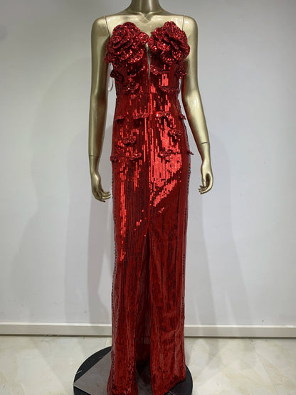Strapless 3D Floral Rosette Sequin High Slit Maxi Dress