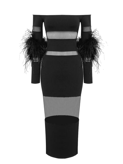 Off Shoulder Feather Trim Sheer Mesh Panel Bodycon Maxi Dress