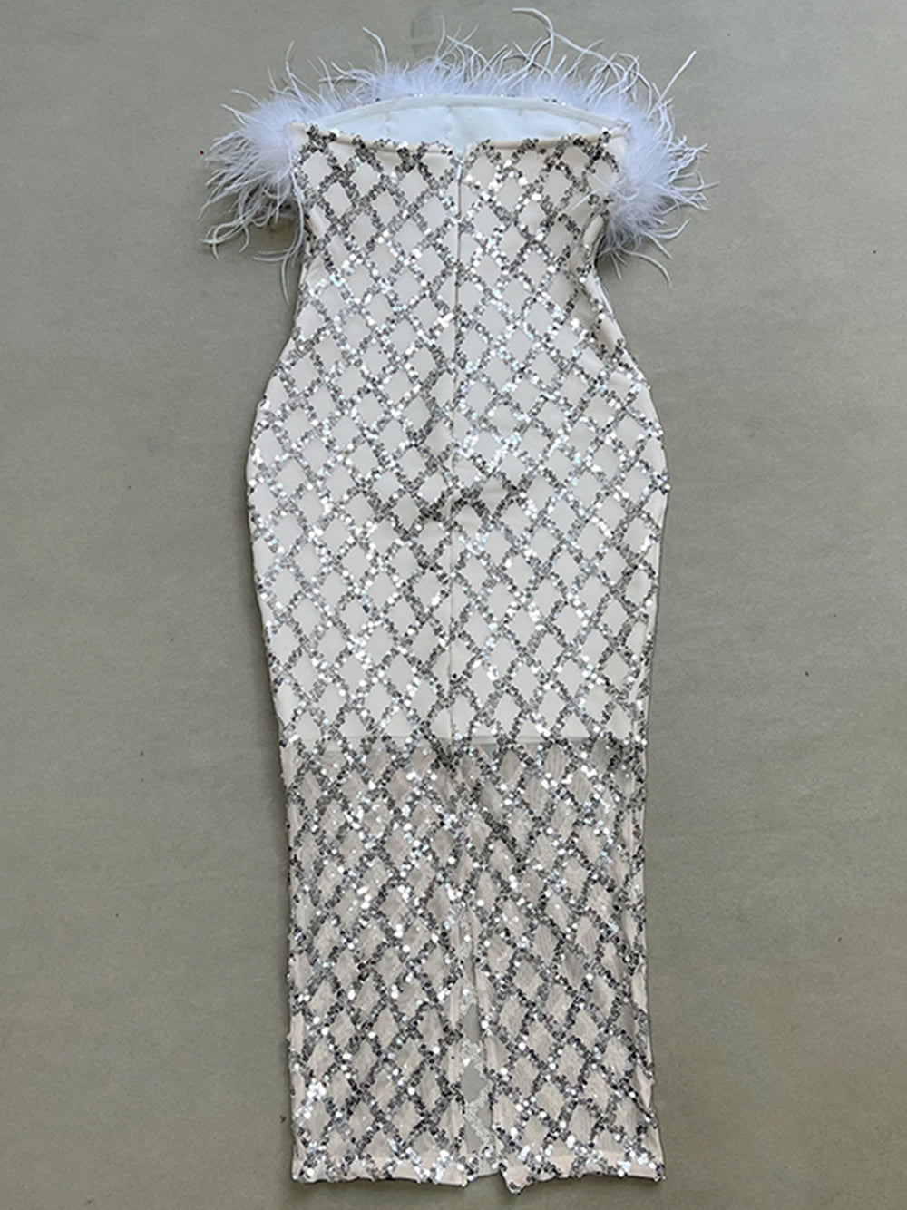 Feather Trim Neck Diamond Sequin Lattice Sheer Hem Maxi Gown