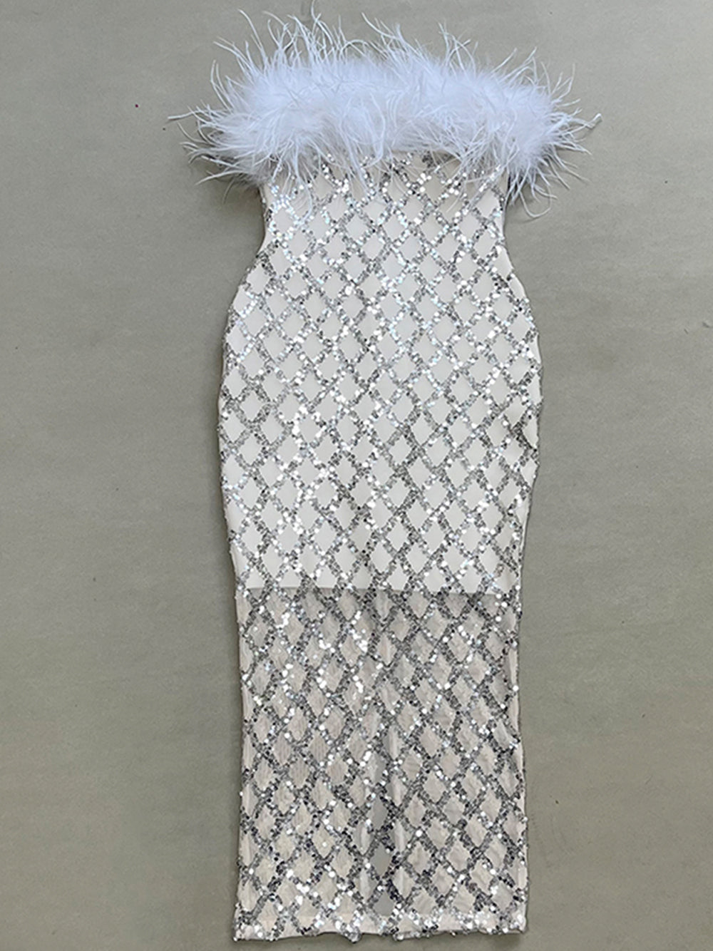 Feather Trim Neck Diamond Sequin Lattice Sheer Hem Maxi Gown