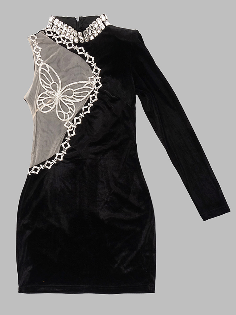 One Sleeve Rhinestone Butterfly Mesh Panel Velvet Bodycon Mini Dress
