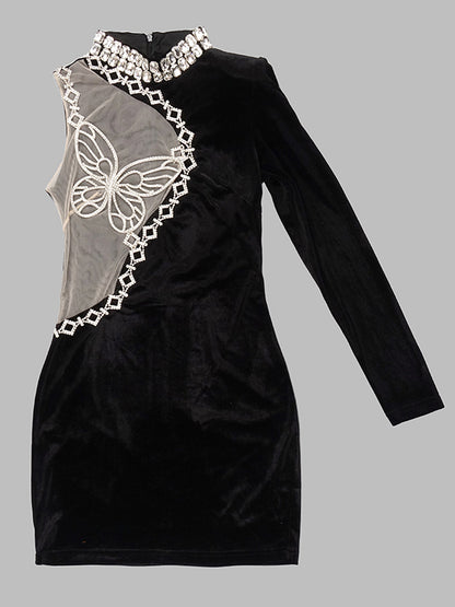 One Sleeve Rhinestone Butterfly Mesh Panel Velvet Bodycon Mini Dress