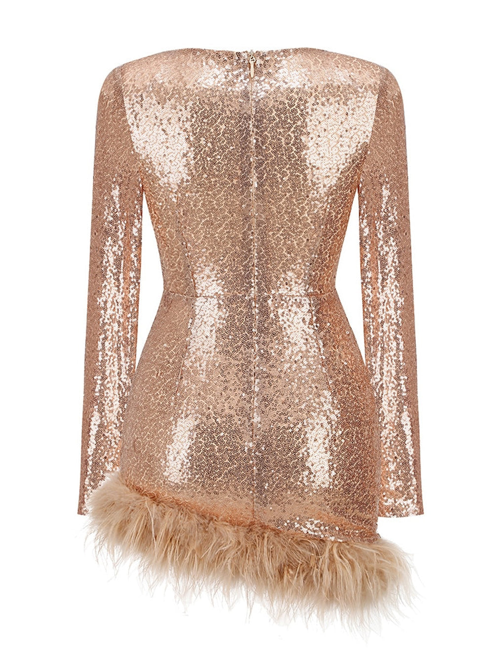 Sweetheart Neck Long Sleeve Sequin Side Ruched Feather Hem Mini Dress