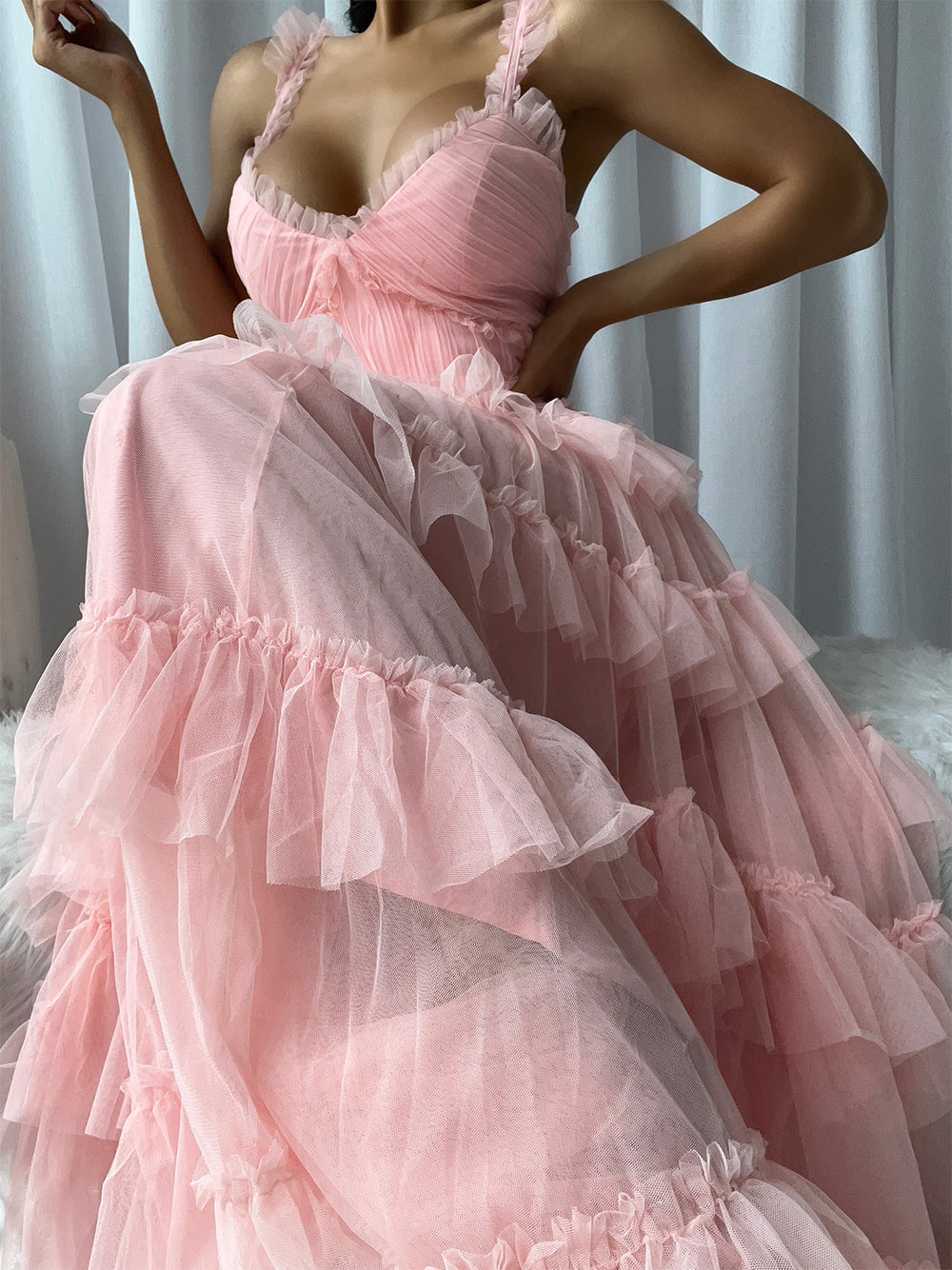 Ruffle Strap Tiered Tulle Maxi Gown