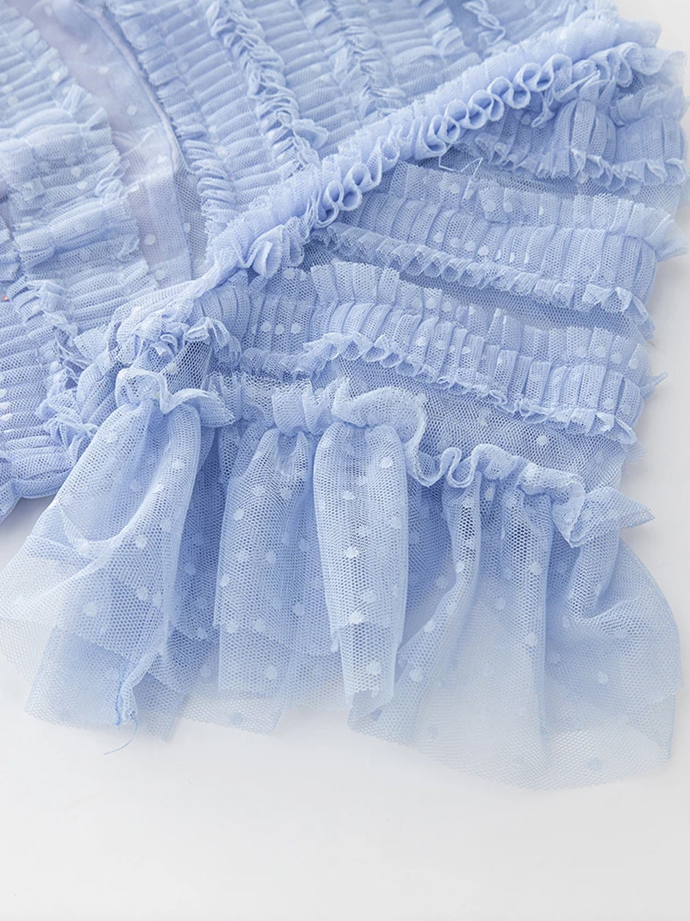 Crew Neck Swiss Dot Tiered Ruffle Short Sleeve Floor Length Gown