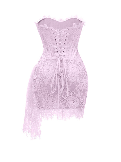 Strapless Boning Channel Lace Draped Overlay Mini Dress