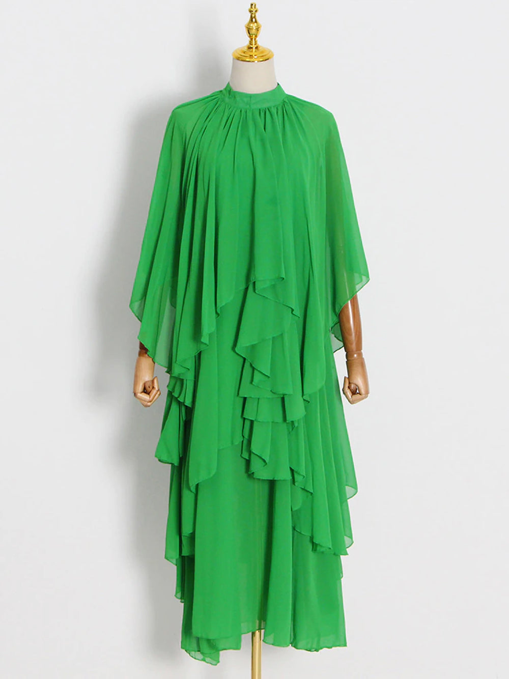 High Neck Pleated Cape Sleeve Tiered Ruffle Chiffon Maxi Dress