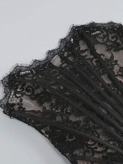 Strapless Sweetheart Corset Boned Floral Lace Draped Mini Dress