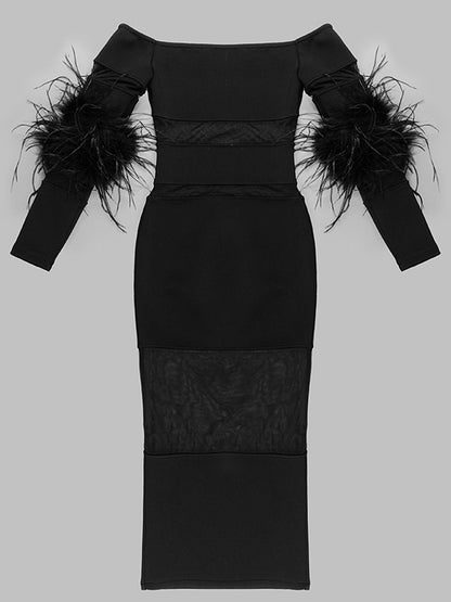 Off Shoulder Feather Trim Sheer Mesh Panel Bodycon Maxi Dress