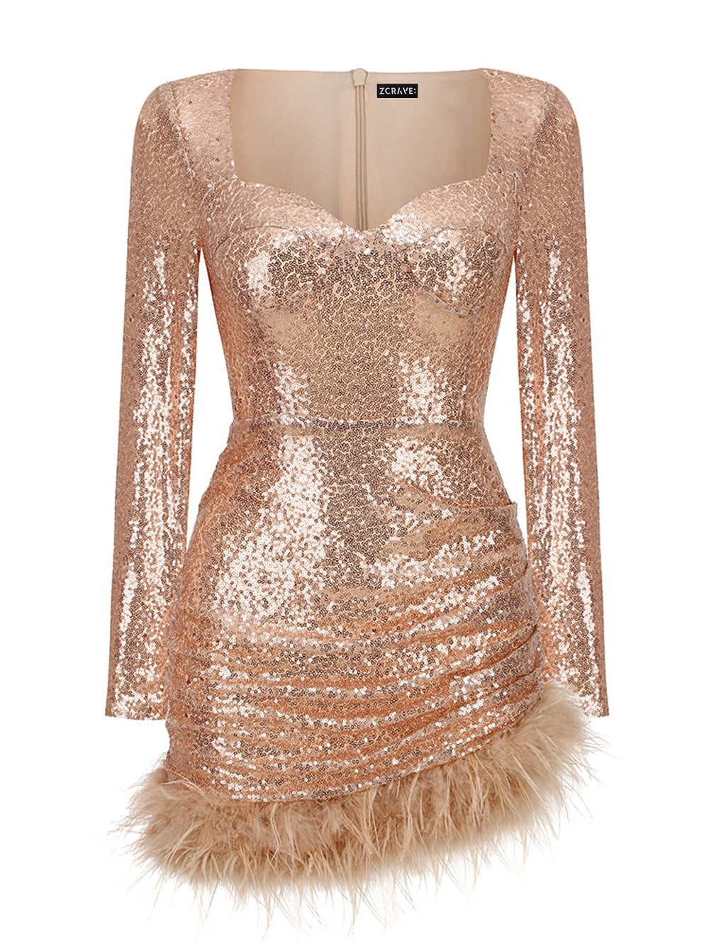 Sweetheart Neck Long Sleeve Sequin Side Ruched Feather Hem Mini Dress