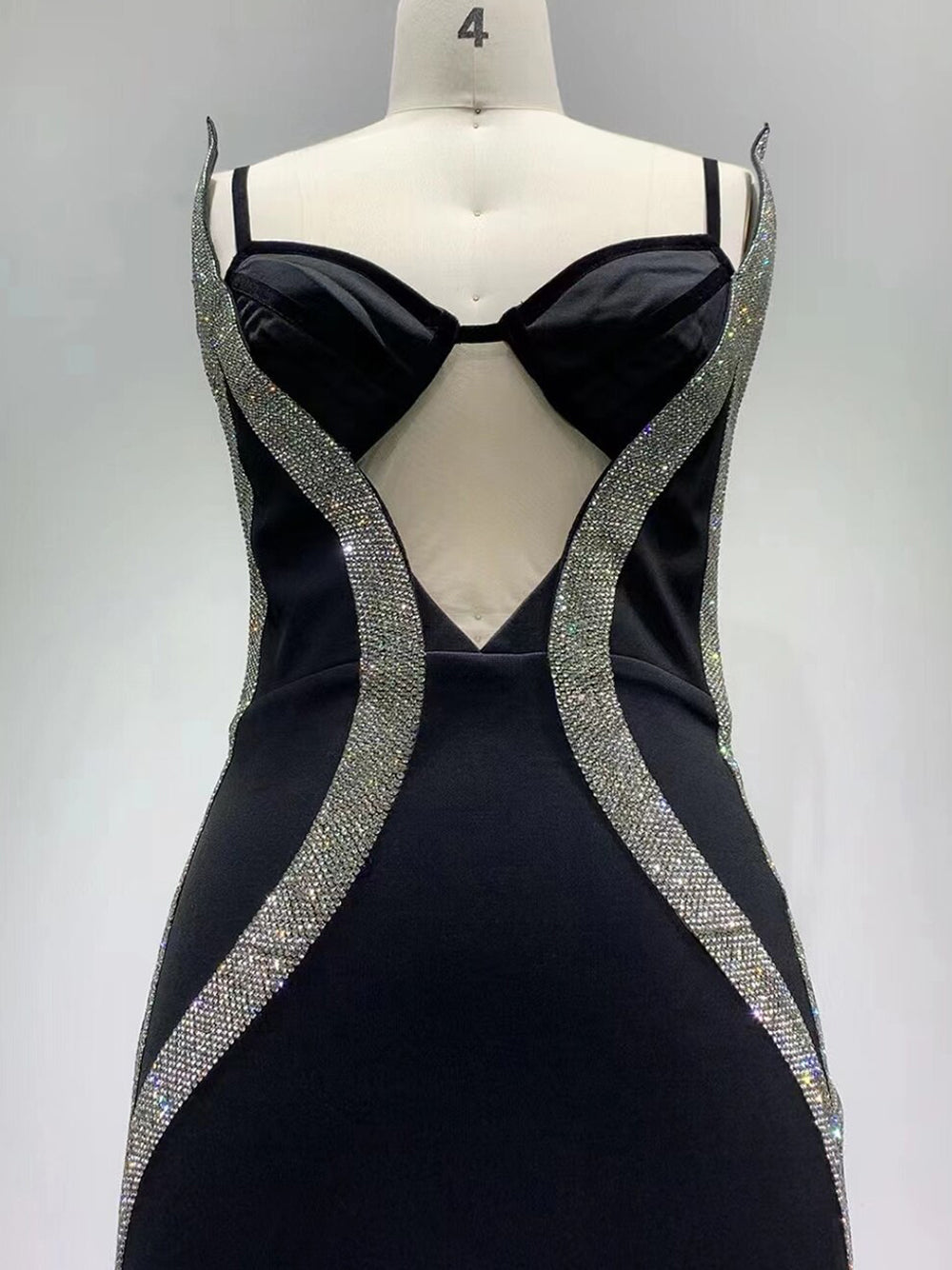 Sweetheart Spaghetti Strap Rhinestone Hourglass Mesh Panel Mini Dress