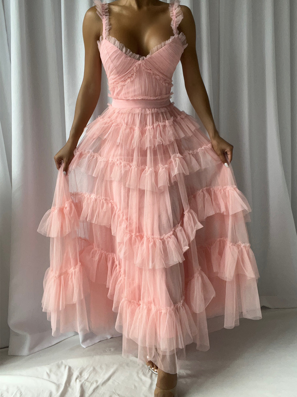 Ruffle Strap Tiered Tulle Maxi Gown
