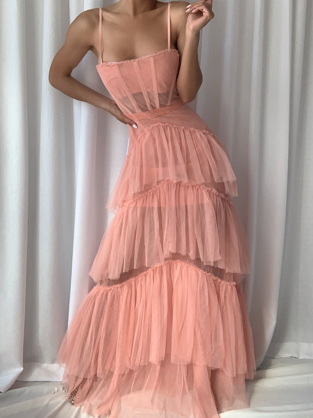 Spaghetti Strap Corset Sweetheart Ruffle Trim Chevron Tiered Tulle Maxi Dress