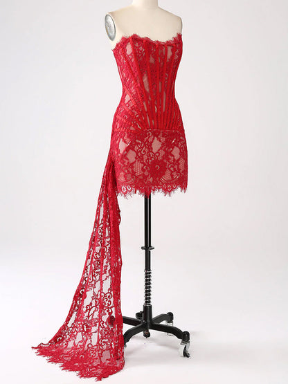 Strapless Boning Channel Lace Applique Asymmetric Hem Mini Dress