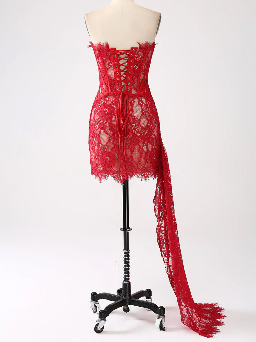 Strapless Boning Channel Lace Applique Asymmetric Hem Mini Dress
