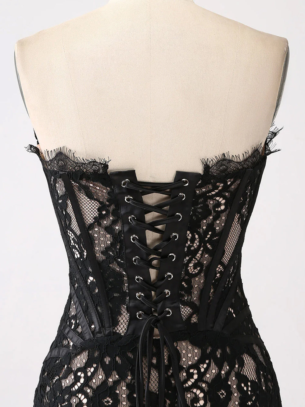 Strapless Sweetheart Corset Boned Floral Lace Draped Mini Dress