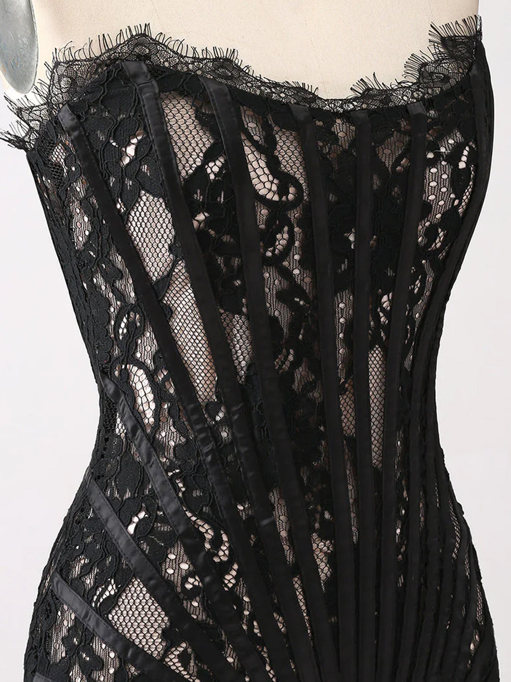 Strapless Sweetheart Corset Boned Floral Lace Draped Mini Dress