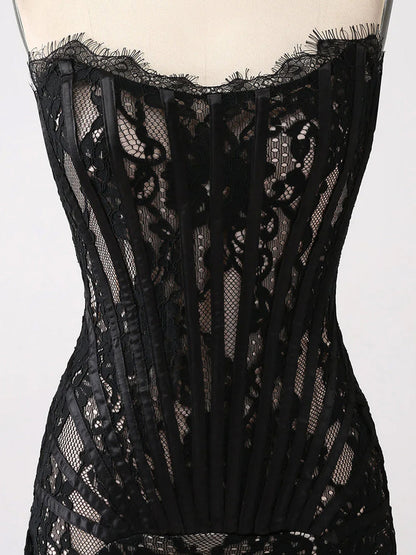 Strapless Sweetheart Corset Boned Floral Lace Draped Mini Dress