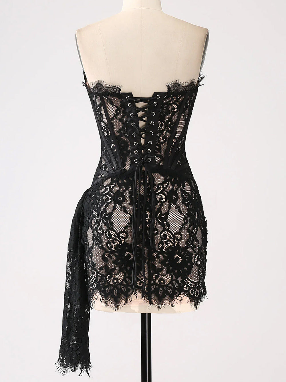 Strapless Sweetheart Corset Boned Floral Lace Draped Mini Dress