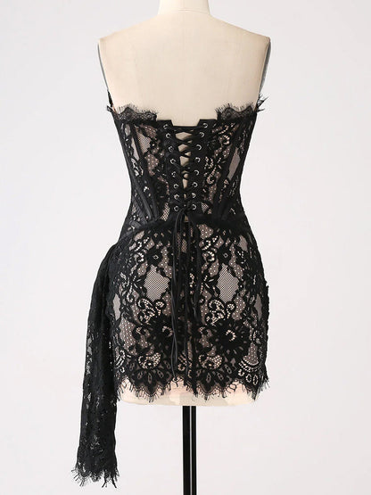 Strapless Sweetheart Corset Boned Floral Lace Draped Mini Dress