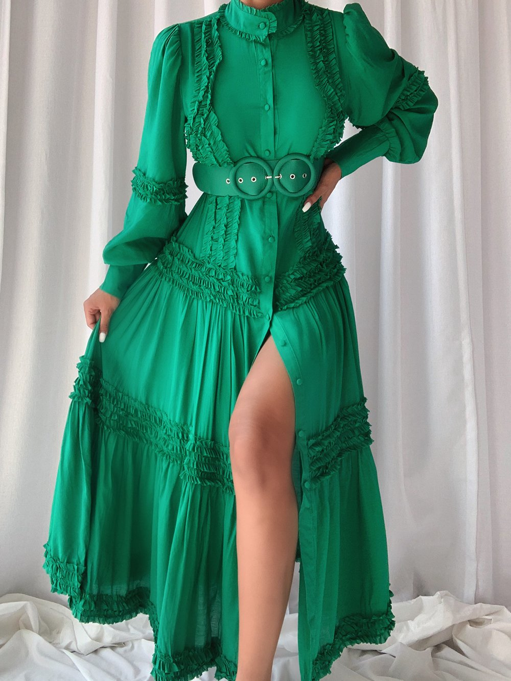 Mock Neck Ruffle Trim Double Buckle Belt Tiered Button Midi Dress
