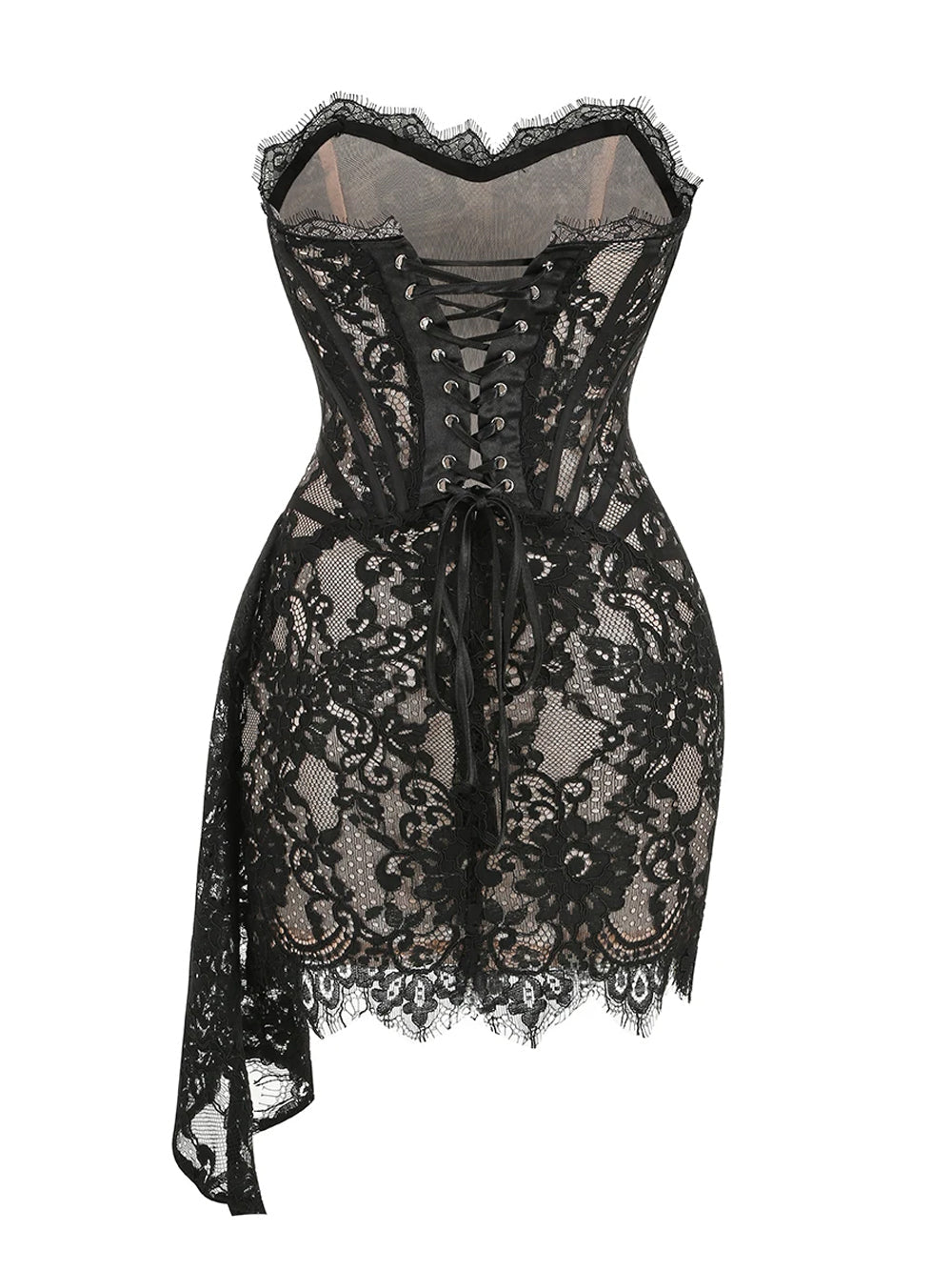 Strapless Sweetheart Corset Boned Floral Lace Draped Mini Dress