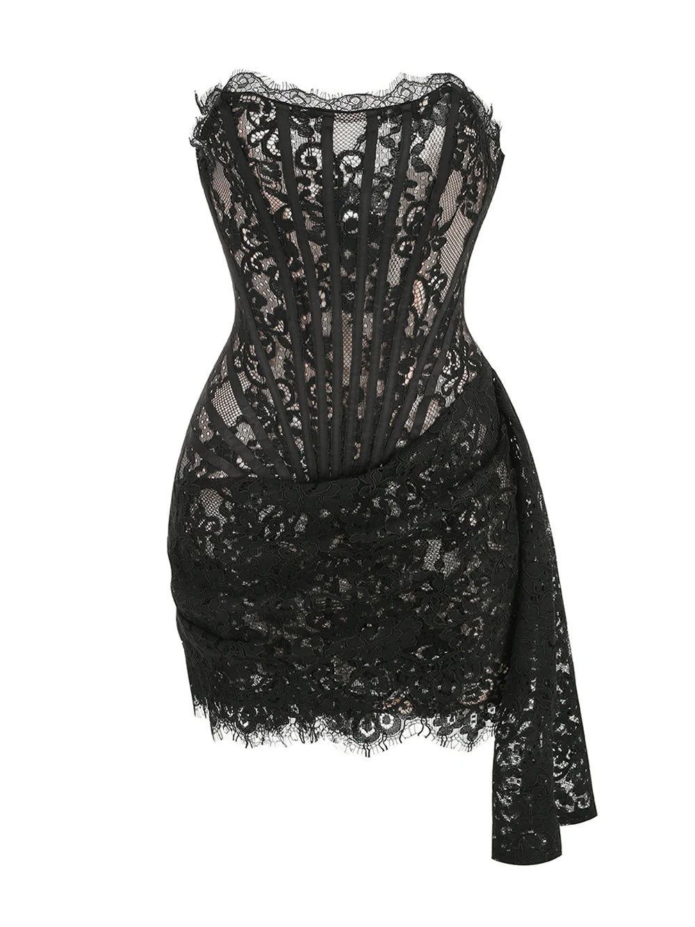 Strapless Sweetheart Corset Boned Floral Lace Draped Mini Dress