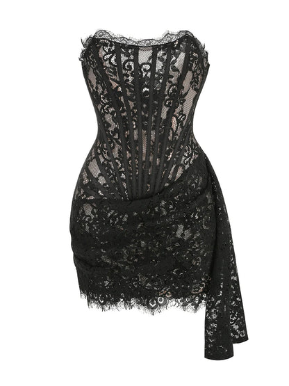 Strapless Sweetheart Corset Boned Floral Lace Draped Mini Dress