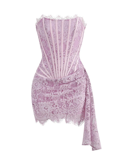 Strapless Boning Channel Lace Draped Overlay Mini Dress