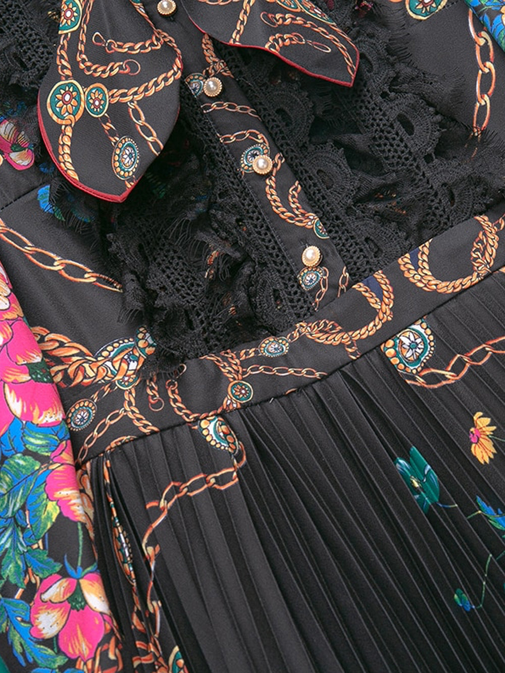Tie Neck Lace Trim Bishop Sleeve Accordion Pleat Chain Floral Midi Dress