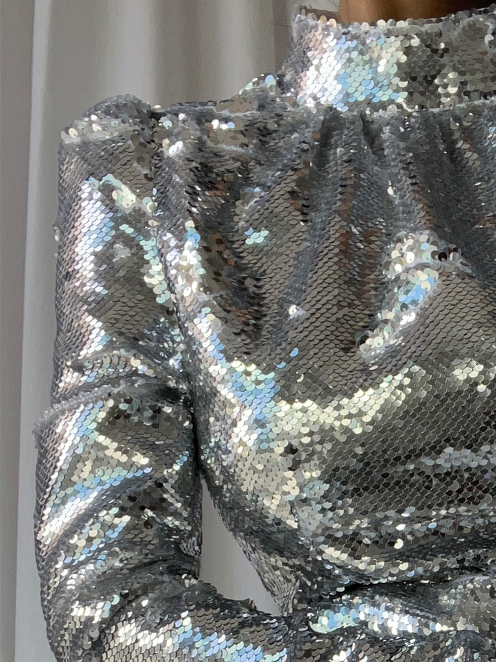 Mock Neck Puff Shoulder Sequin Ruffle Hem Flounce Mini Dress